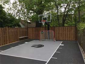 Located in Toronto, 24x27 duracourt surface, HD603 basketball goal, containment netting, raptor ball logo 