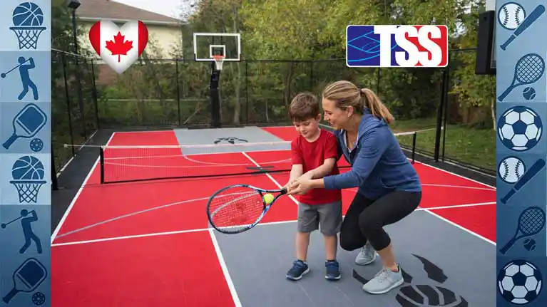 Mom teaching son to hold the tennis racket on a custom TSS backyard court with Canadian flag overlay representing Canadian sports achievements 2025