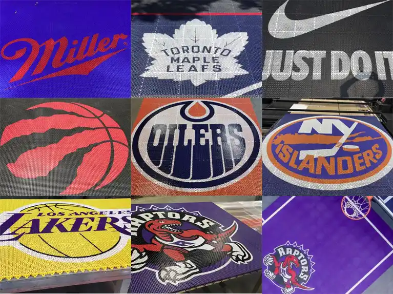 A collage of various custom backyard basketball courts installed in Southern Ontario, featuring unique designs and personalized team logos like the Toronto Raptors.