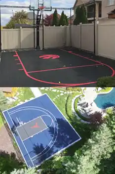 Collage of custom backyard basketball courts installed in Southern Ontario, featuring unique designs and personalized team logos like the Toronto Raptors