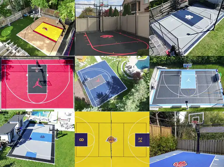 A collage of various custom backyard basketball courts installed in Southern Ontario, featuring unique designs and personalized team logos like the Toronto Raptors.