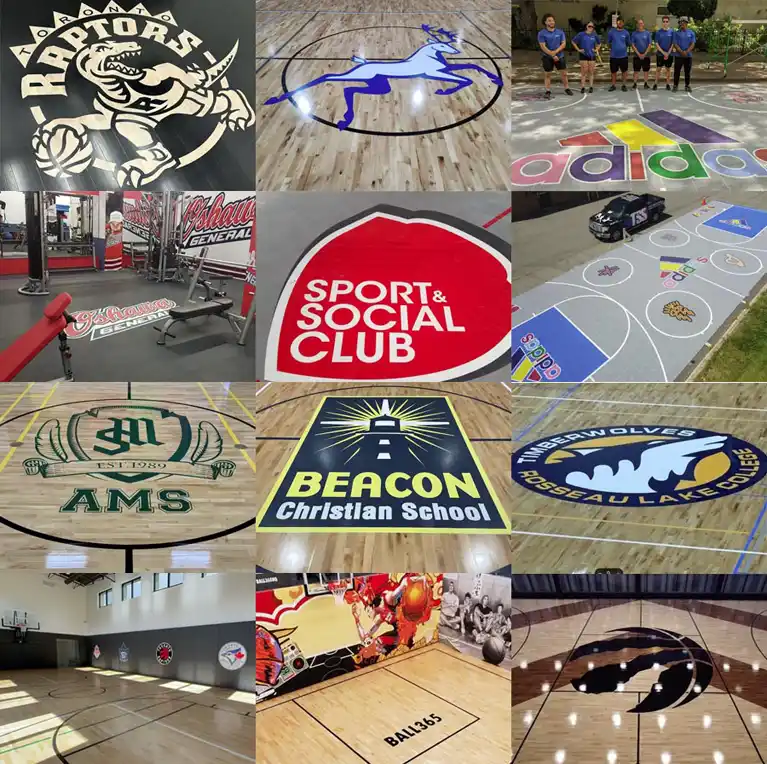 Collage of professional commercial and school sport court installations in Ontario featuring custom branding, including projects for the Oshawa Generals, Beacon Christian School, and the Toronto Raptors training facility