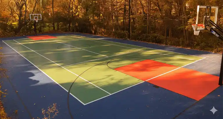 Modular backyard basketball court in Toronto during fall with autumn leaves showing year-round durability and readiness for early spring play