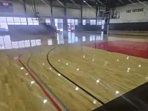 A polished, glossy view of the finished premium basketball court surface installed by Total Sport Solutions in the Halton region.
