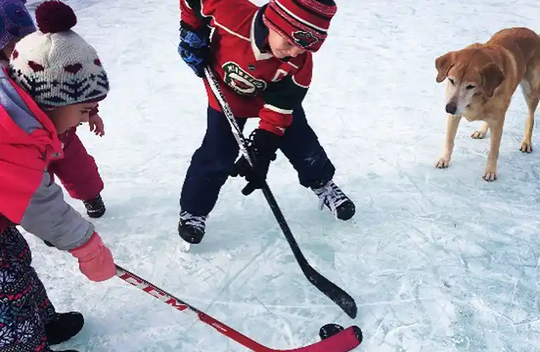 kids playing hockey on their backyard rink