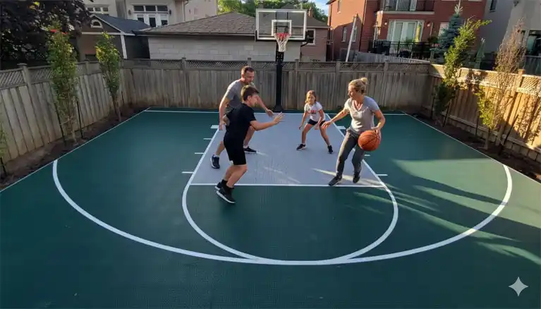 A family of four happily playing basketball on a green and gray backyard sports court.