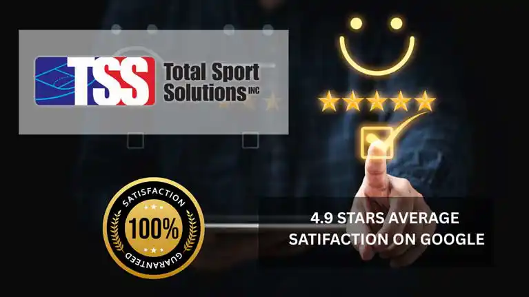 Total Sport Solutions logo with a 100% satisfaction guaranteed seal and 4.9 stars average satisfaction on Google
