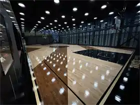 A closer look at the intricate two-tone staining process used on the Junckers hardwood, creating a signature aesthetic for The Sloane's athletic facility.