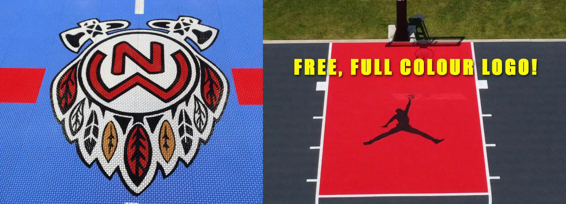 TSS Special Offer: Free full-color 6'x6' custom logo with backyard sport court purchase. Examples include basketball courts and a custom red and white bulldog logo. Deposit deadline October 31, 2025