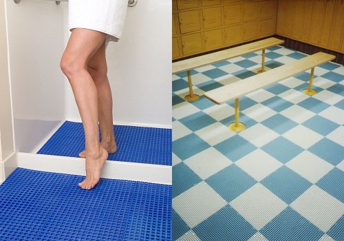 Two settings with specialized non-slip flooring tiles. On the left, a person stands on shower tiles with a grid texture, and on the right, a locker room